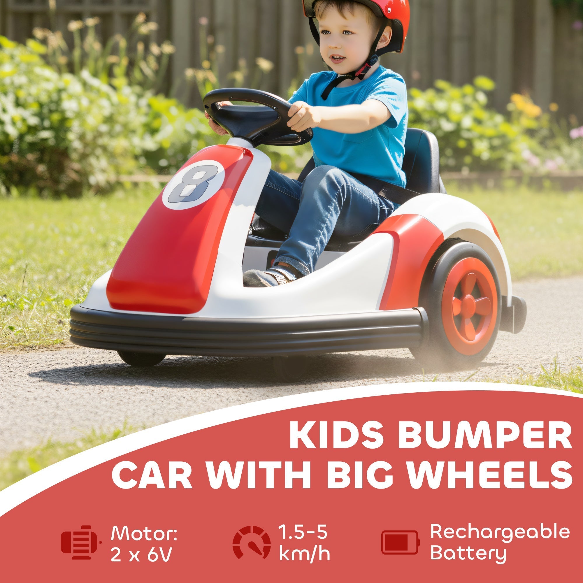 Red and white aiyaplay kids bumper car with large wheels 5-5km speed black steering wheel and orange rims