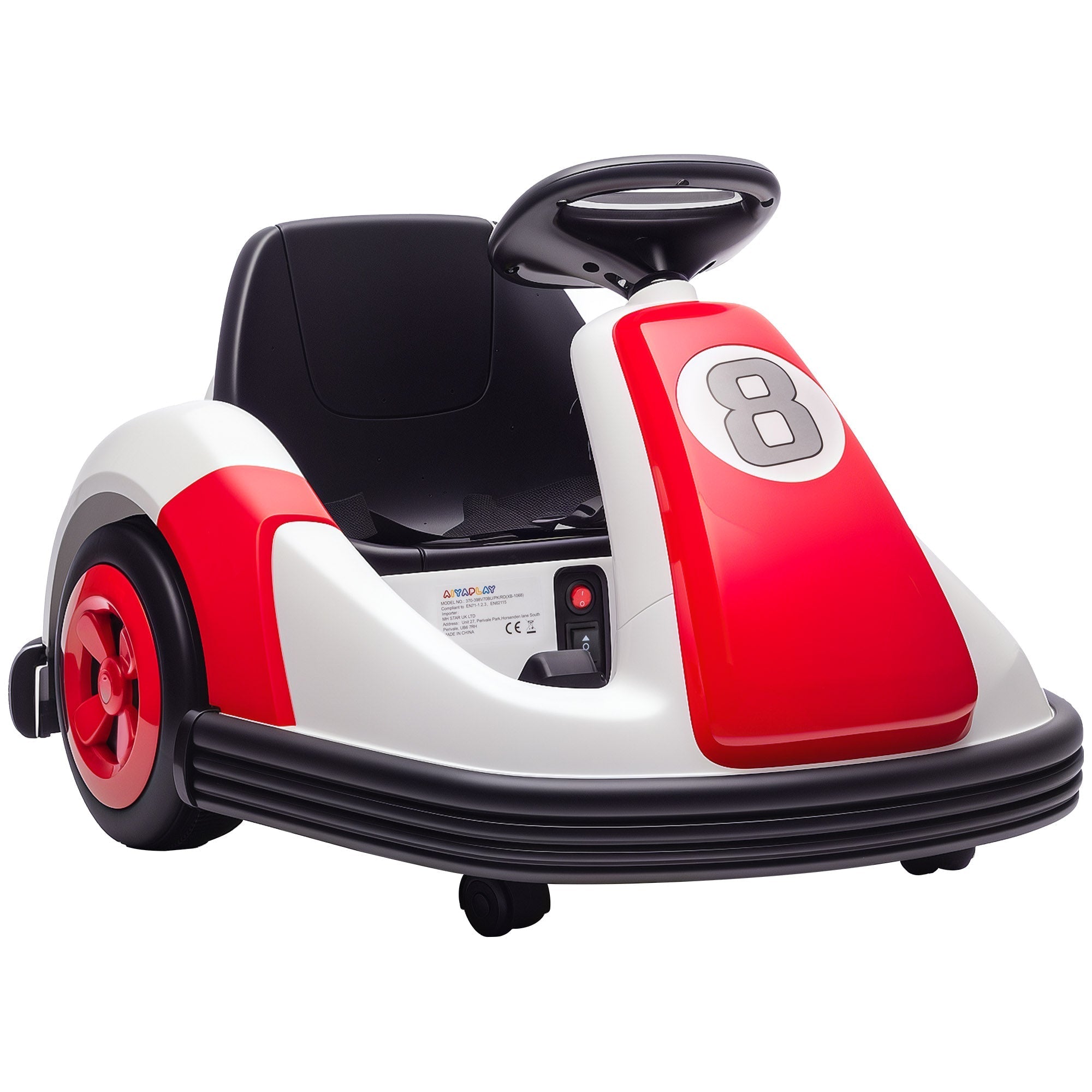 Red and white AIYAPLAY kids bumper car with 360-degree rotation, large wheels, number 8, 5-5km electric ride on car