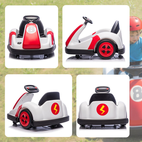 Aiyaplay kids bumper car with 360-degree rotation 6v electric ride on car in white and red with large wheels and lightning bolt decals