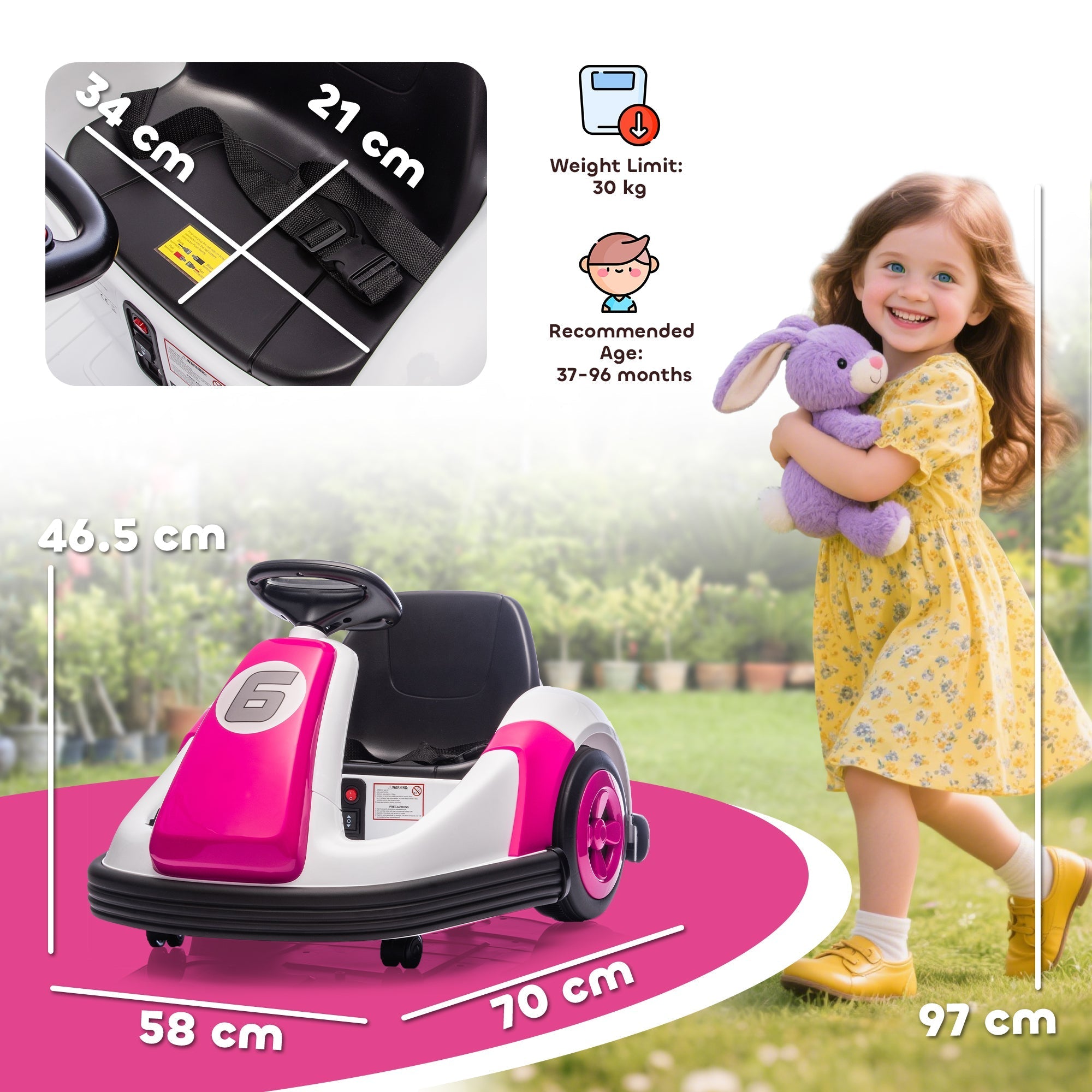 Pink and white aiyaplay bumper car with large wheels 6v electric ride on car for kids 3-8 years with 360 rotation