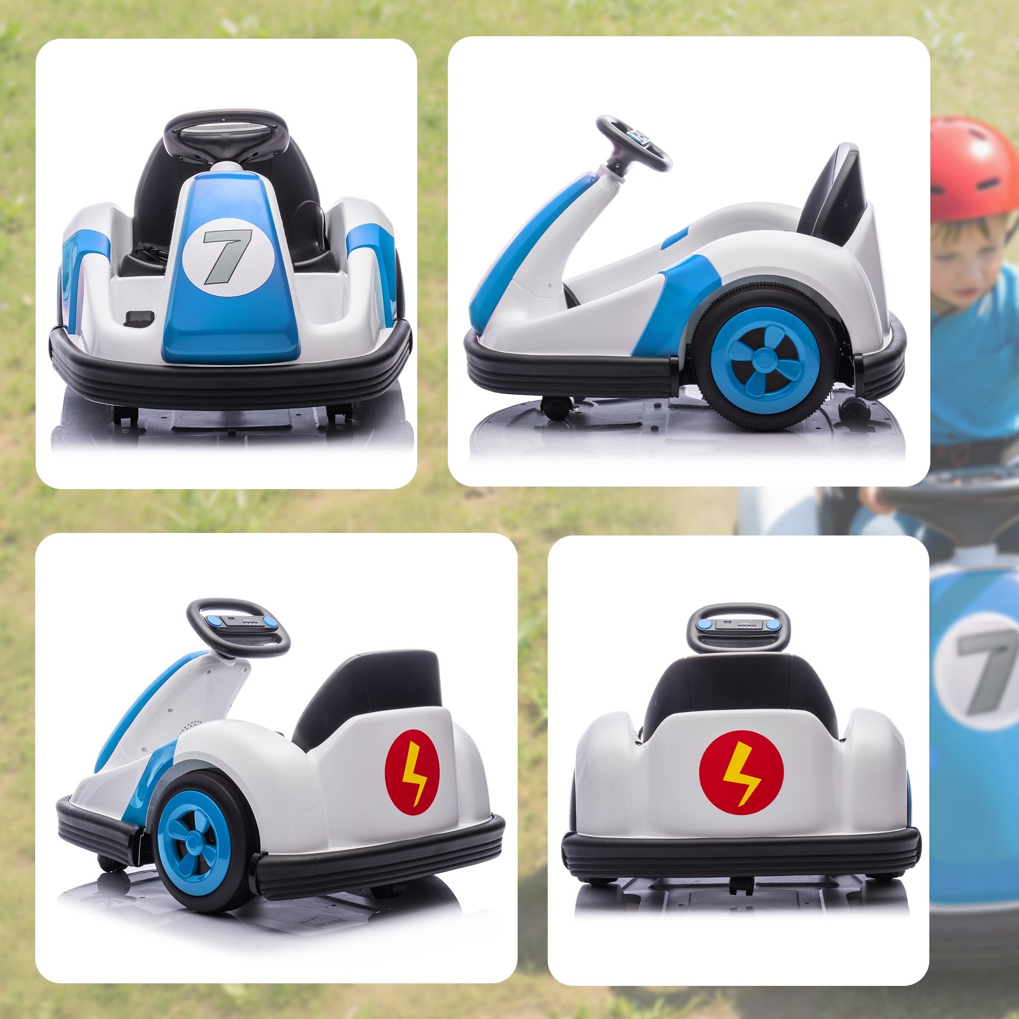 Blue and white AIYAPLAY kids bumper car with 360-degree rotation 5-5km speed and large wheels for ages 3-8 years