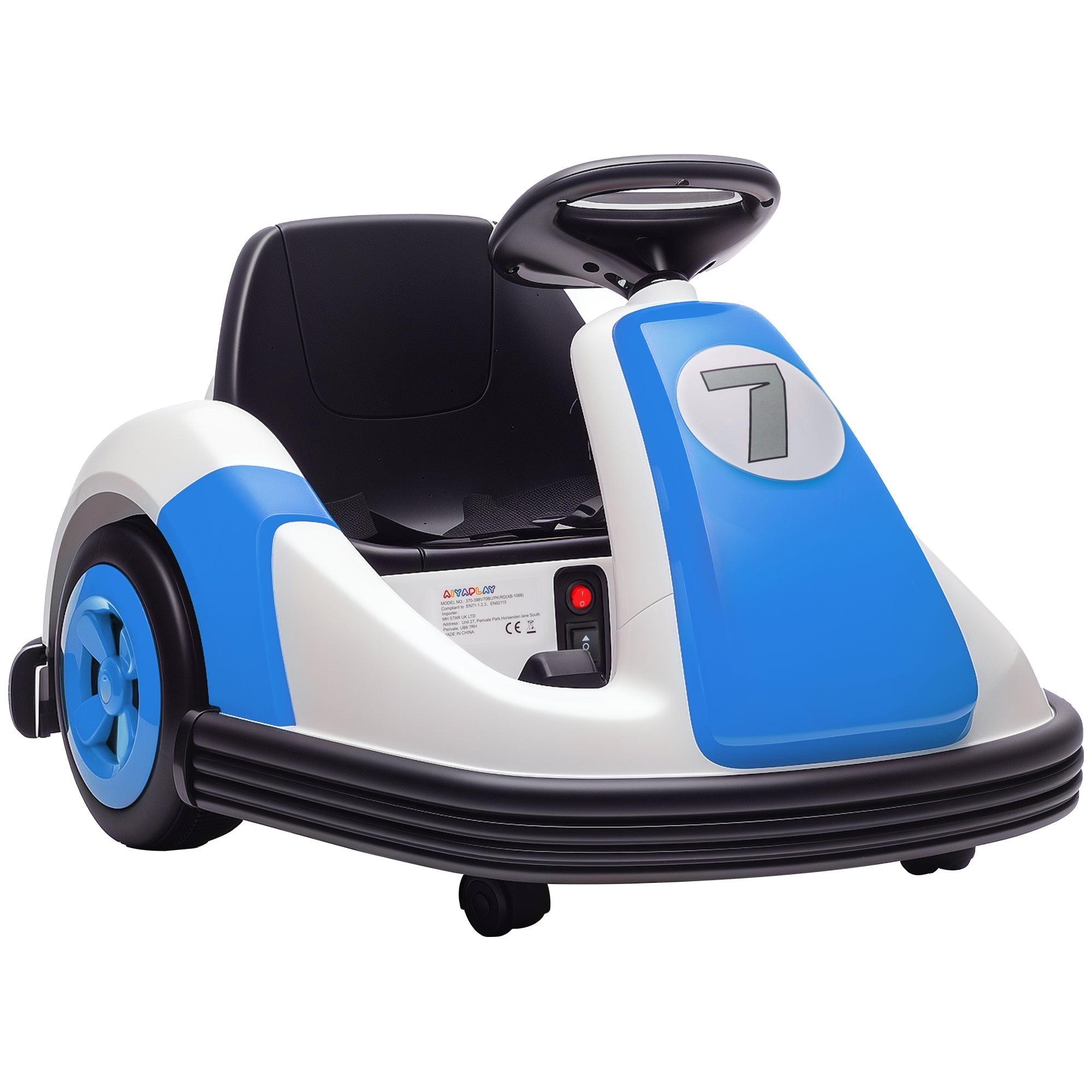 Blue and white AIYAPLAY kids bumper car with 360-degree rotation large wheels and number 7 for ages 3-8 years
