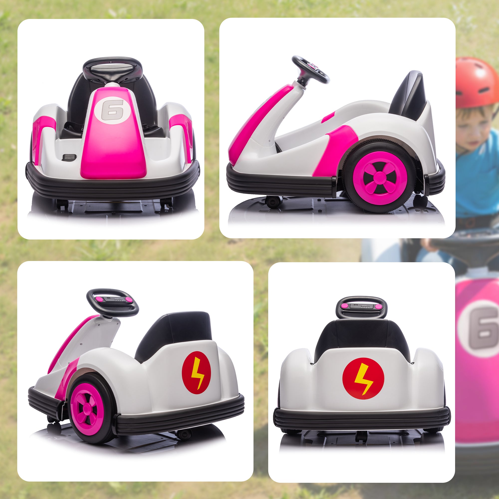 Aiyaplay kids bumper car in pink and white with large wheels and bright pink steering wheel for ages 3-8 riding 5-5km