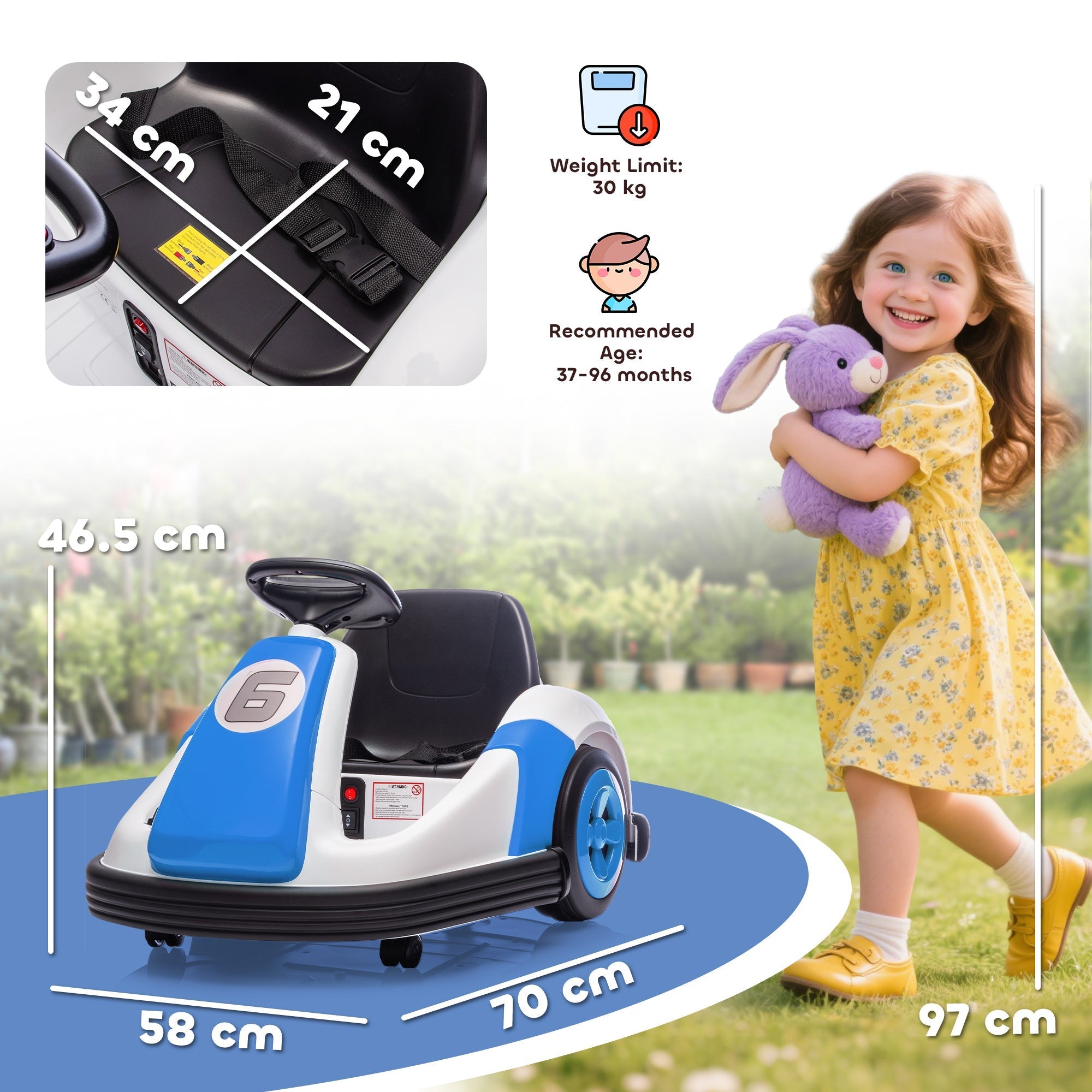 Aiyaplay kids blue and white bumper car with large wheels 5-5km speed 6v electric ride on with steering wheel and horn