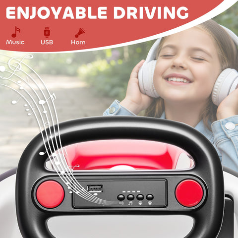 Black and red steering wheel with usb port music controls and horn buttons for aiyaplay kids bumper car with large wheels