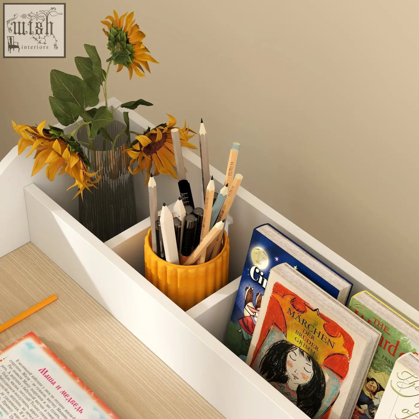 Yellow textured pencil cup holding pens and pencils in aiyaplay kids desk chair set with two under-desk compartments