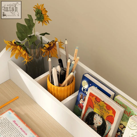 Yellow textured pencil cup holding pens and pencils in aiyaplay kids desk chair set with two under-desk compartments