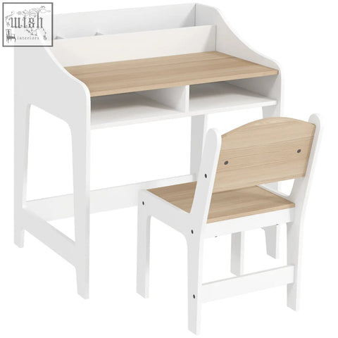 White and light wood-grain aiyaplay kids desk and chair set with two under-desk compartments for kids 3 to 8 years