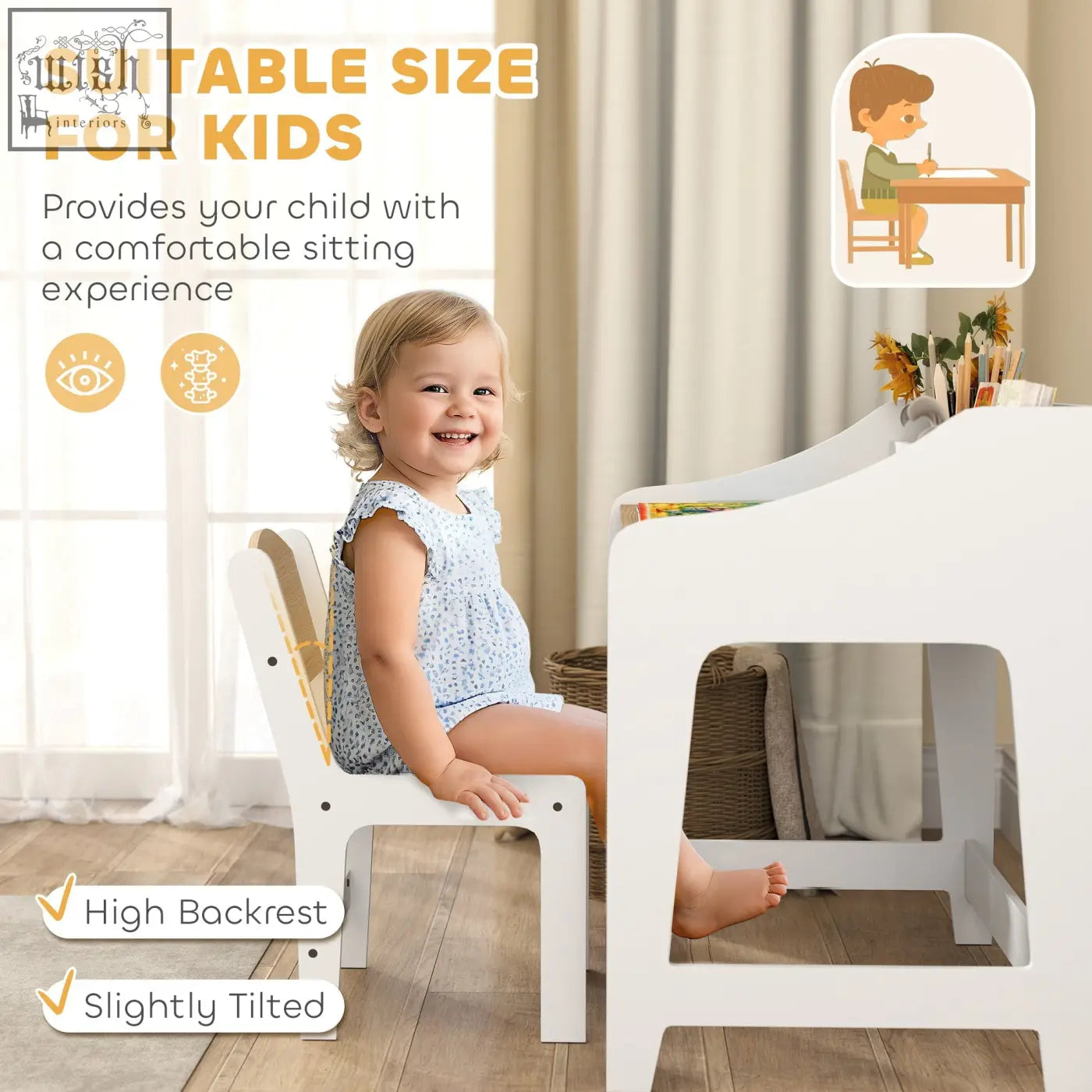 White aiyaplay kids desk and chair set with high backrest and two under-desk compartments for kids study room