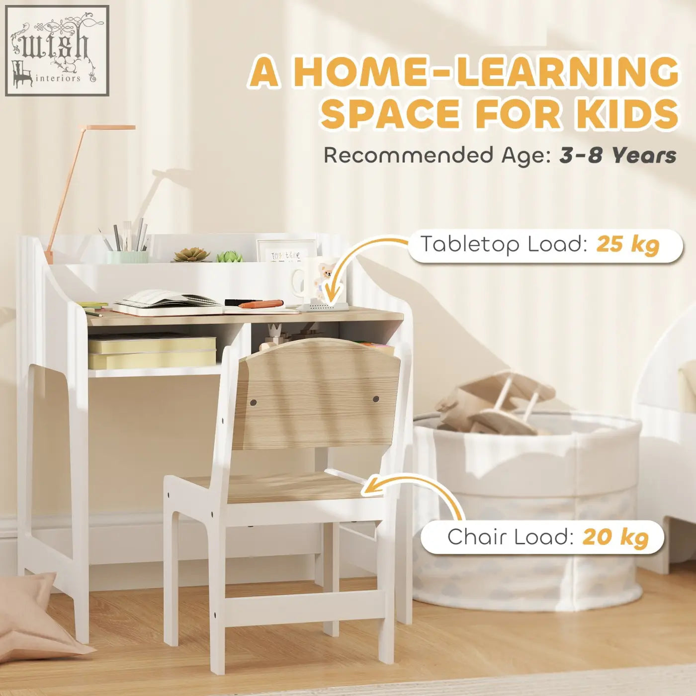 White and light wood grain aiyaplay kids desk and chair set with two under-desk compartments for kids study room