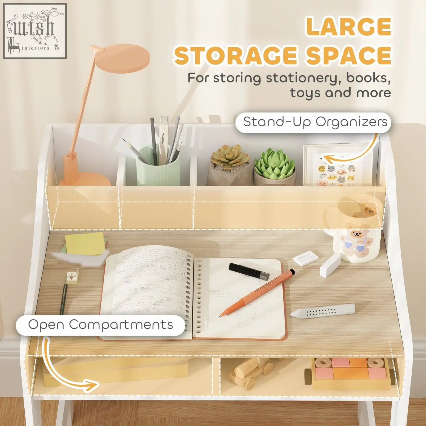 White stand-up desk organizer with beige translucent top shelf and two under-desk compartments for aiyaplay kids desk chair set