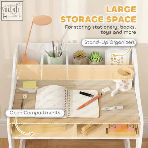 White stand-up desk organizer with beige translucent top shelf and two under-desk compartments for aiyaplay kids desk chair set