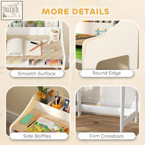 White aiyaplay kids desk and chair set with smooth surface round edges and two under-desk compartments for storage