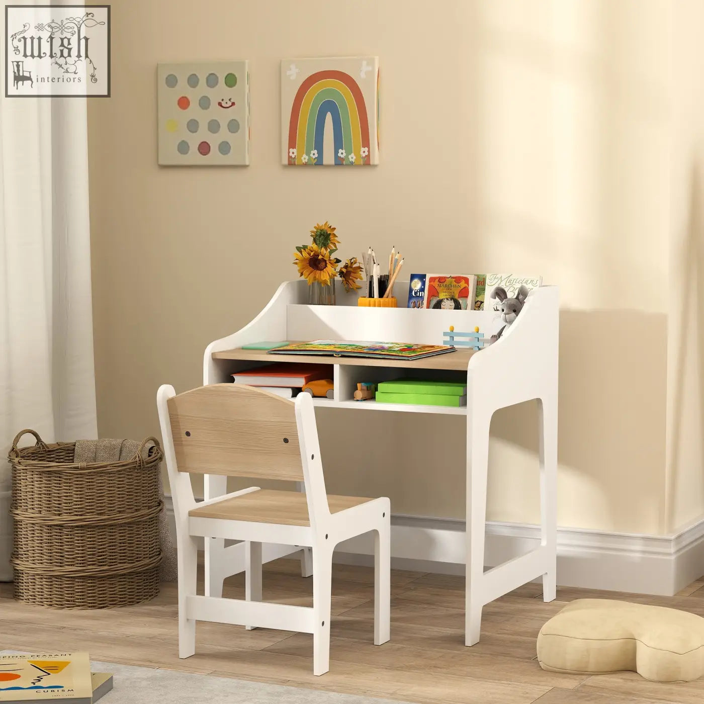 White and light wood aiyaplay kids desk and chair set with two under-desk compartments for kids study room