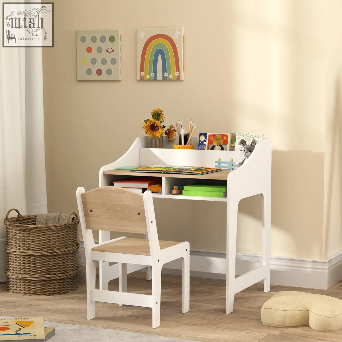 White and light wood aiyaplay kids desk and chair set with two under-desk compartments for kids study room