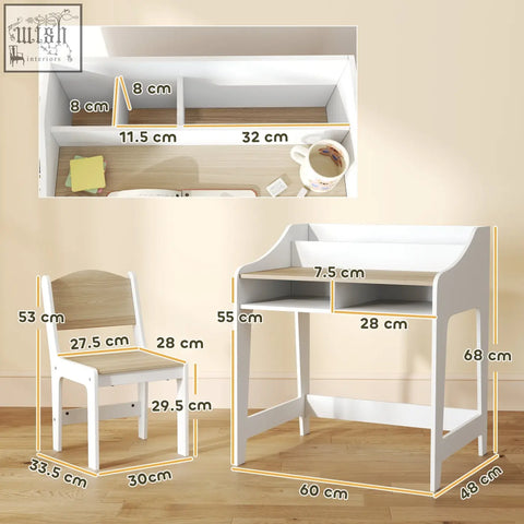 White and light wood finish aiyaplay kids desk and chair set with two under-desk compartments for study room efficiency