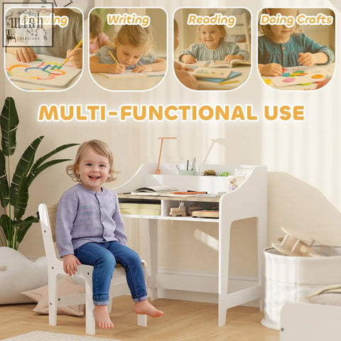 White aiyaplay kids desk and chair set with built-in lamp and two under-desk compartments for kids study room