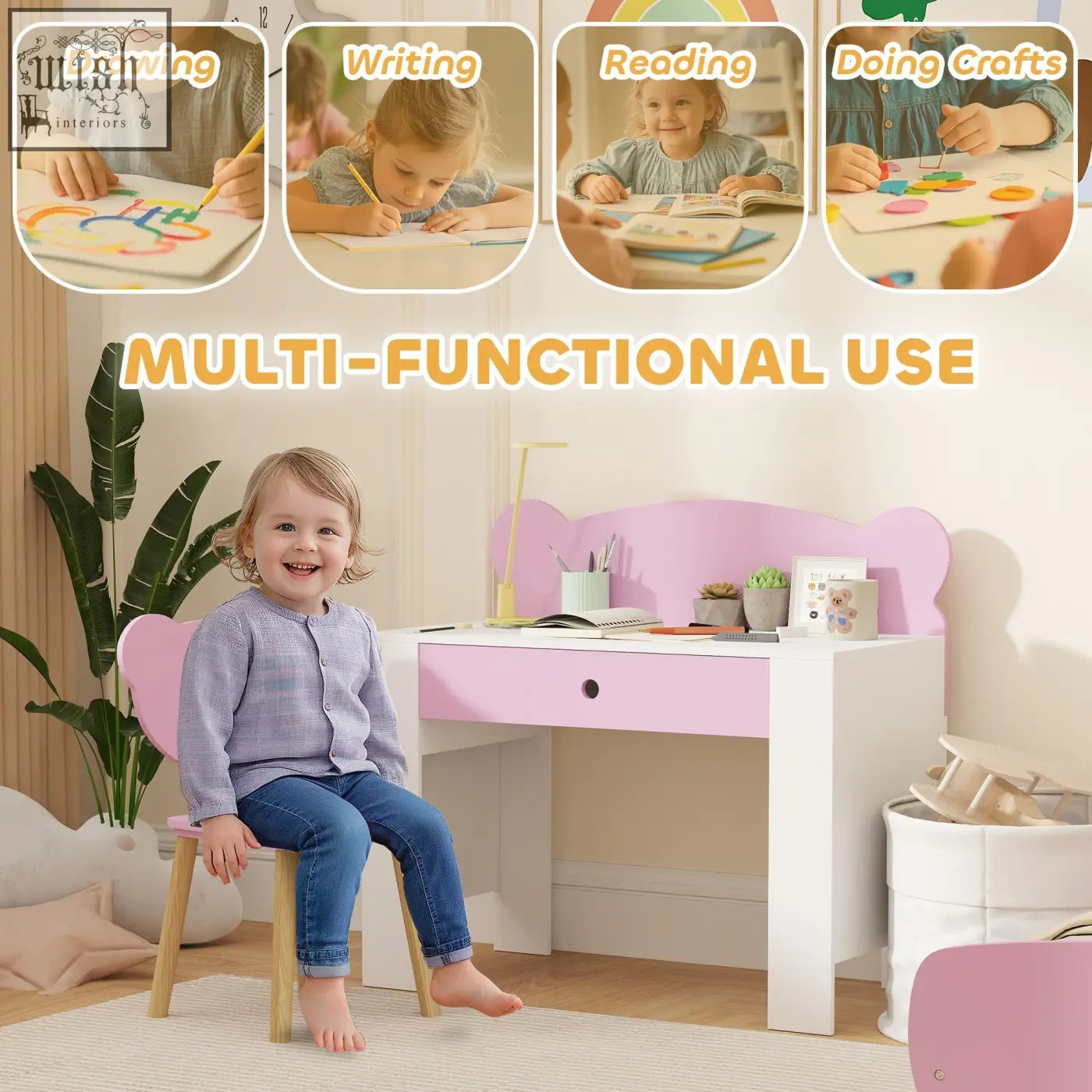 Pink and white aiyaplay kids desk and chair set with bear-shaped backrest and drawer for drawing and reading
