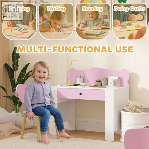 Pink and white aiyaplay kids desk and chair set with bear-shaped backrest and drawer for drawing and reading