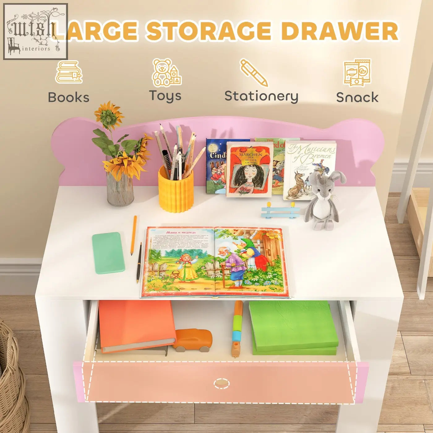 White aiyaplay kids desk chair set with pink bear backrest and open drawer full of books toys and stationery