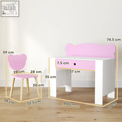 Pink bear-shaped chair with light wood legs from aiyaplay kids desk and chair set for bedroom and daycare use