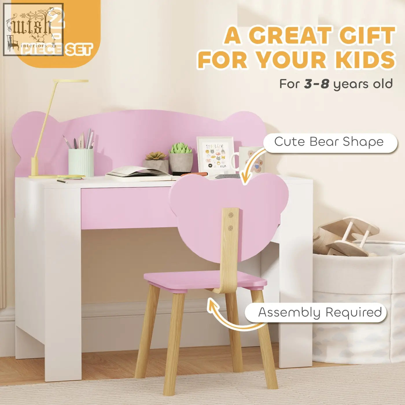 Pink bear-shaped chair set with white legs and drawer by aiyaplay kids desk for drawing and reading