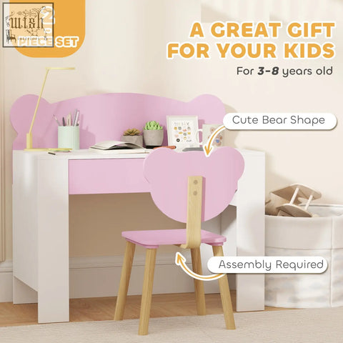 Pink bear-shaped chair set with white legs and drawer by aiyaplay kids desk for drawing and reading