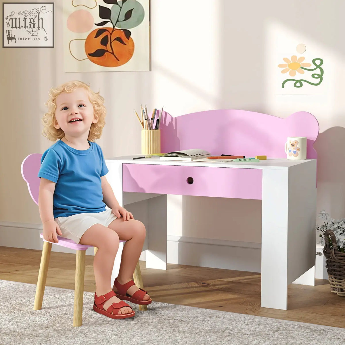 Pink and white aiyaplay kids desk and chair set with bear-shaped backrest wooden legs and drawer for bedroom use