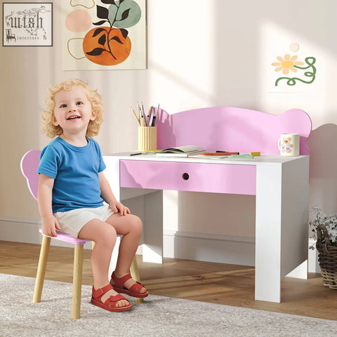 Pink and white aiyaplay kids desk and chair set with bear-shaped backrest wooden legs and drawer for bedroom use