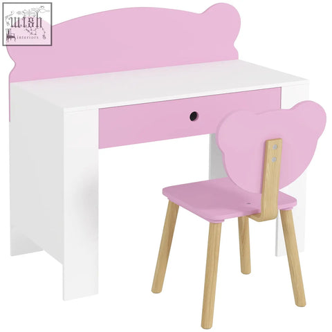 Pink bear-shaped aiyaplay kids desk and chair set with drawer white accents natural wood legs for drawing and reading