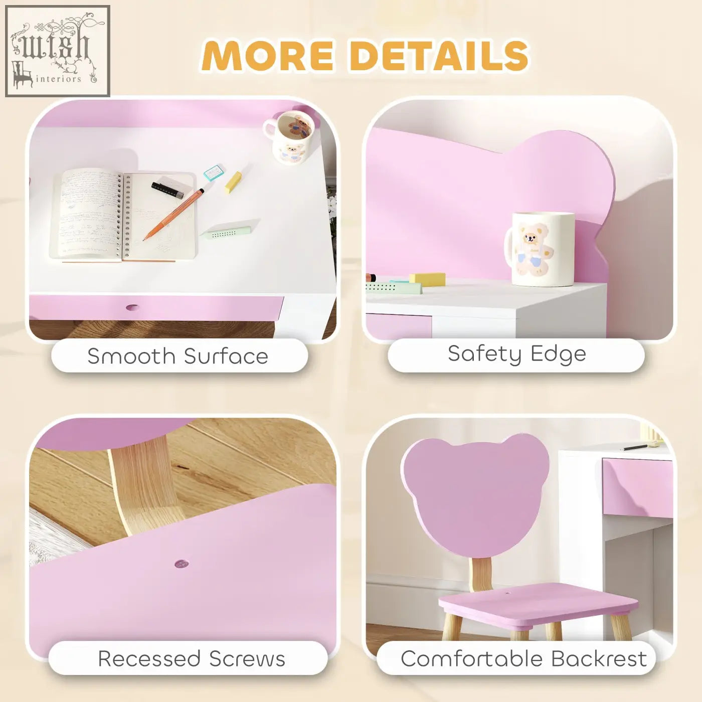 Pink bear-shaped kids chair with wooden legs and smooth backrest from aiyaplay kids desk set for bedroom fun