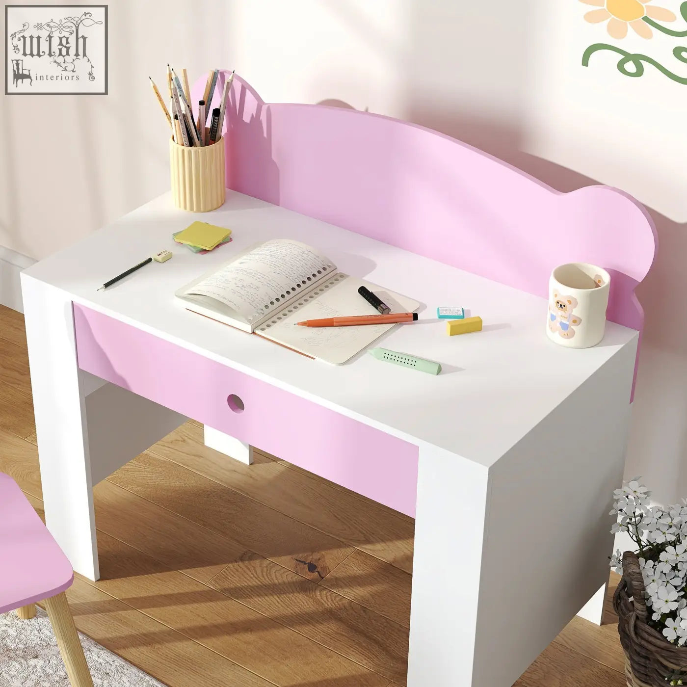 Pink and white kids desk and chair set by aiyaplay kids with curved backrest and drawer for drawing and reading
