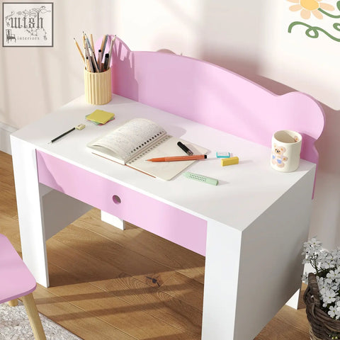Pink and white kids desk and chair set by aiyaplay kids with curved backrest and drawer for drawing and reading