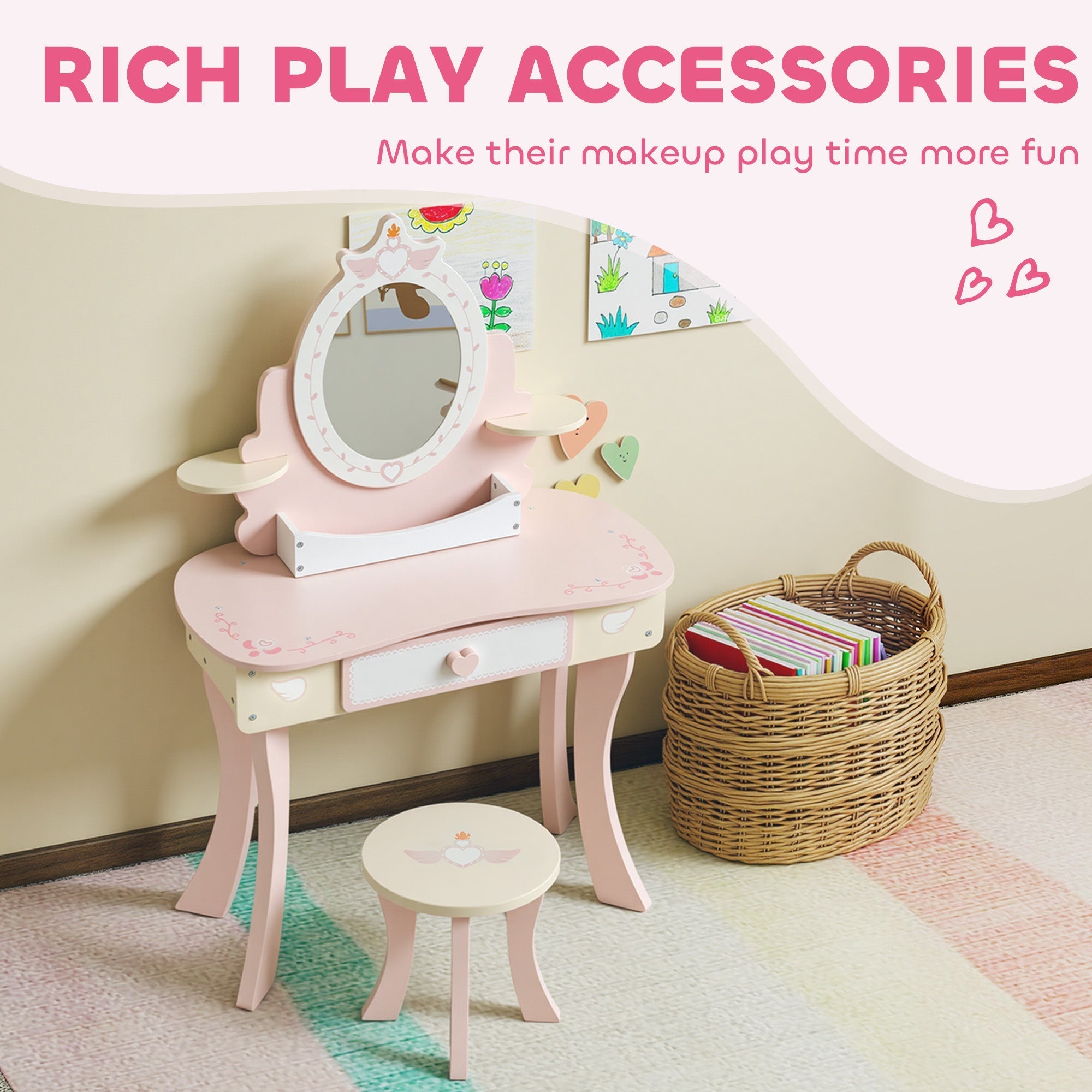 Pink wooden aiyaplay kids dressing table with white oval mirror heart motifs and storage for girls playroom