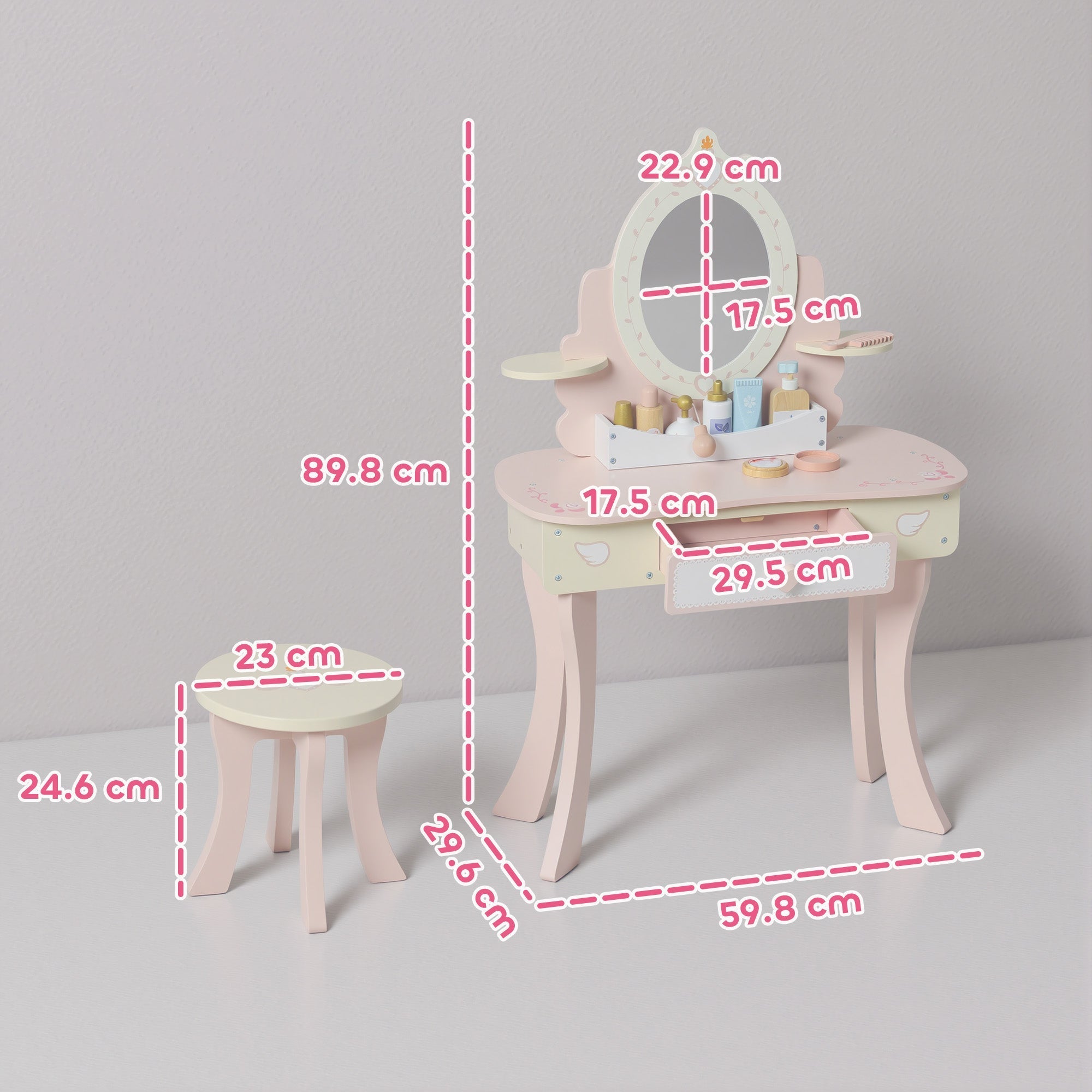 Pastel pink wooden aiyaplay kids dressing table with round mirror and matching stool for girls vanity set