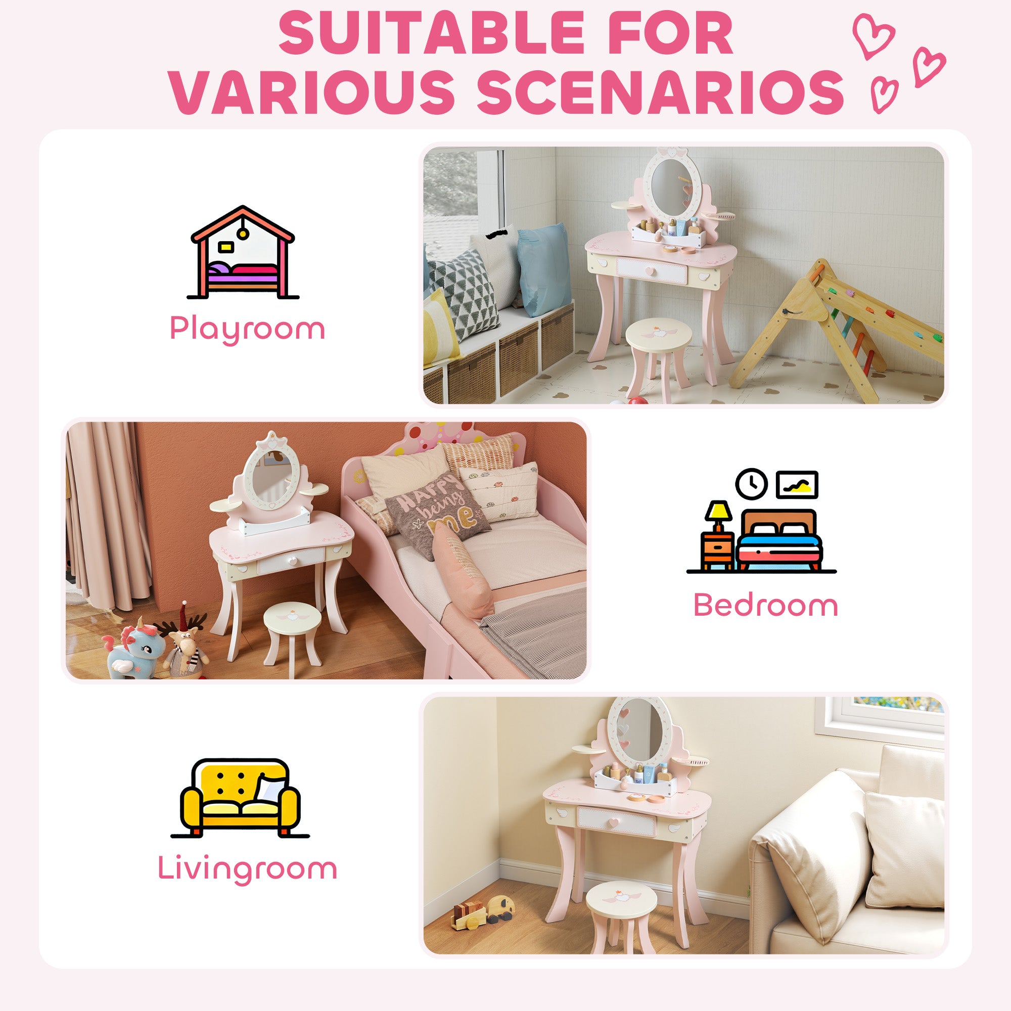 Pink aiyaplay kids dressing table with round mirror two drawers and stool perfect for girls vanity set