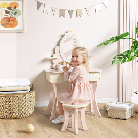 Pink wooden aiyaplay kids dressing table with heart-shaped mirror drawer and stool for girls playroom fun