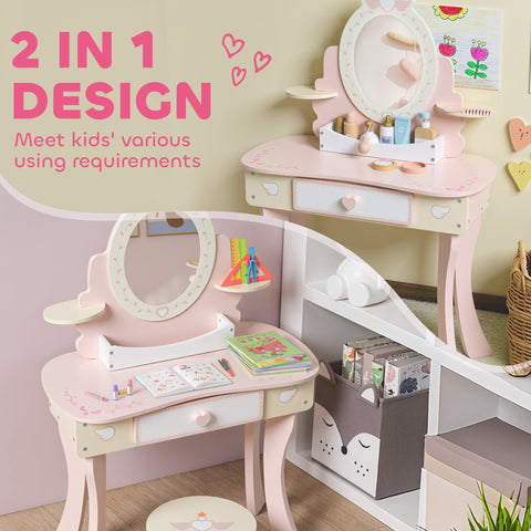 Pink and cream wooden aiyaplay kids dressing table with heart pulls oval mirror and 2-in-1 design for playroom use