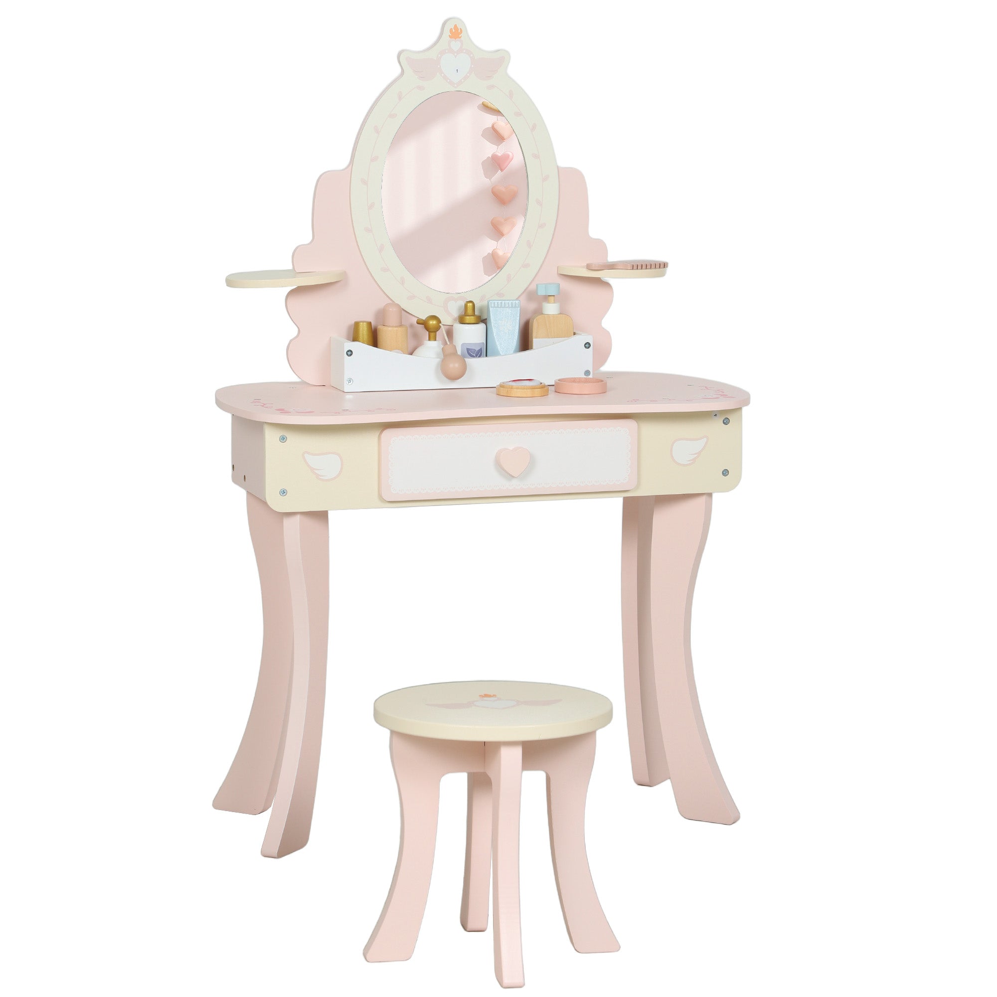 Pastel pink and cream wooden aiyaplay kids dressing table with mirror heart drawer pulls and matching stool