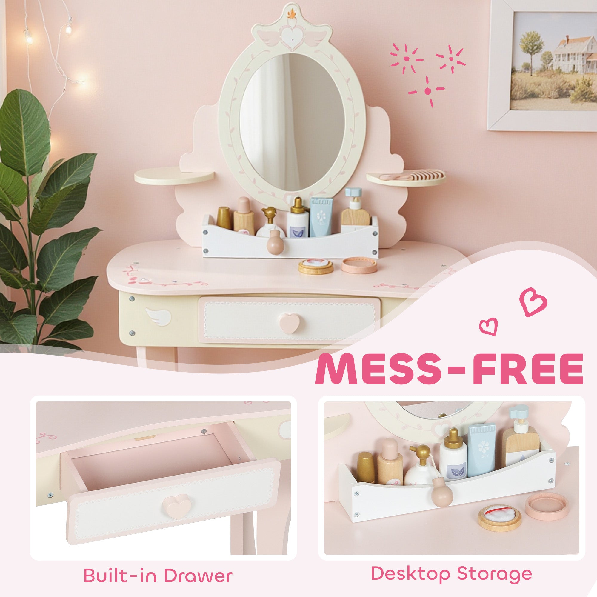 Pink and white wooden aiyaplay kids dressing table with heart mirror drawer and desktop storage for girls playroom