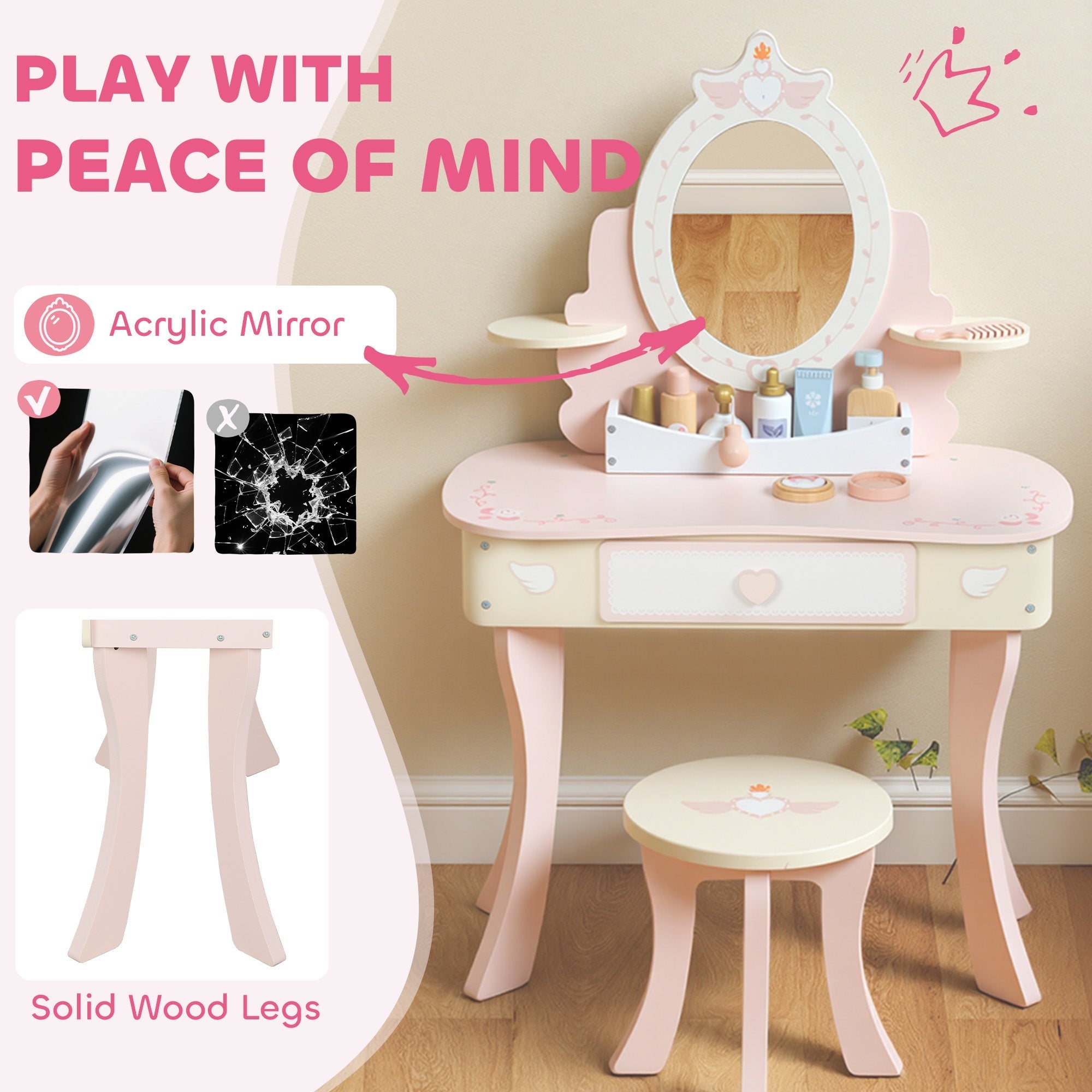 Pink and cream aiyaplay kids dressing table with crown mirror heart drawer solid wood legs and stool for girls playroom