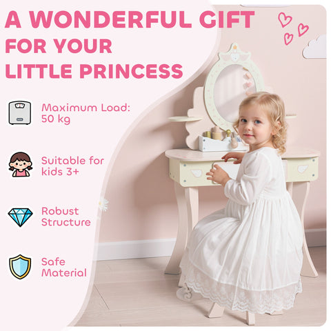 Pastel pink and white wooden aiyaplay kids dressing table with mirror drawer and stool for girls vanity set