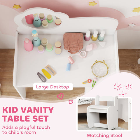 Aiyaplay kids dressing table in white with cloud-shaped mirror, matching stool, and two open compartments for storage