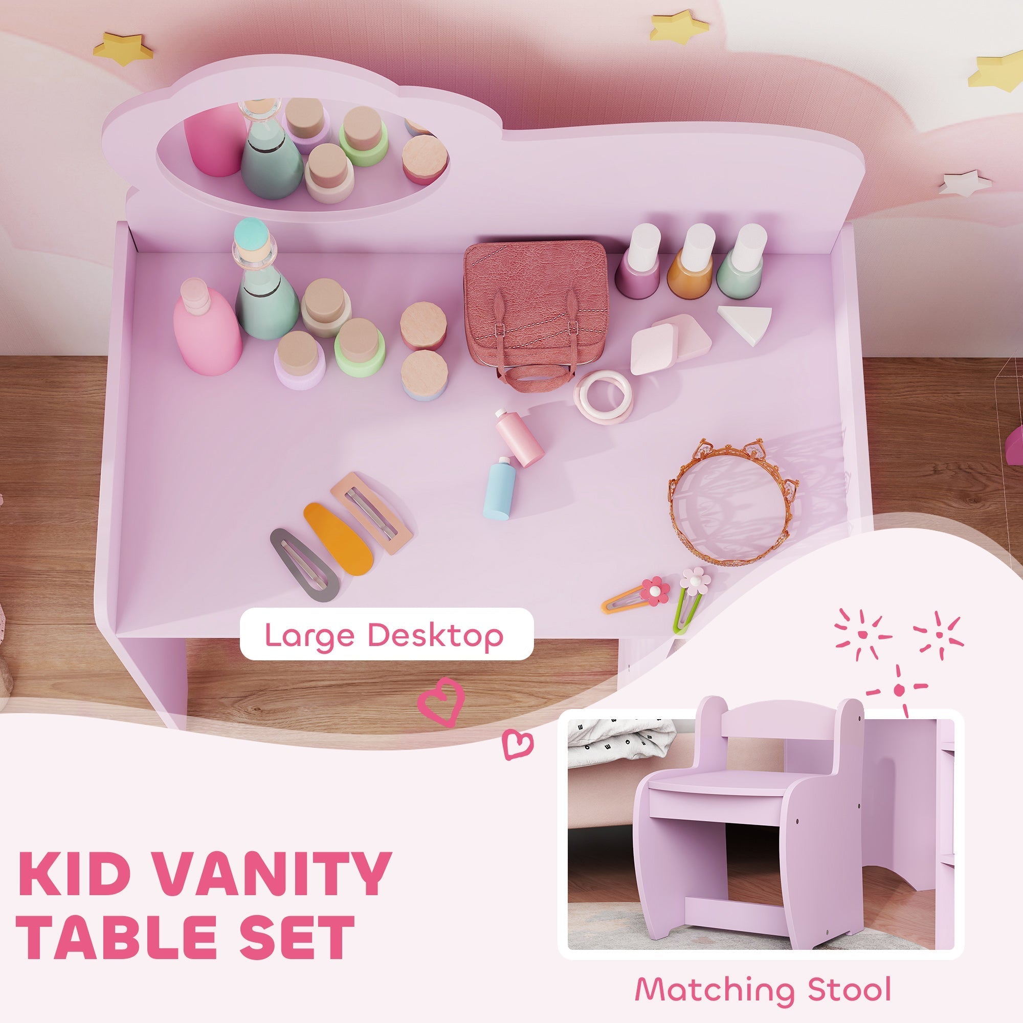 Pastel pink aiyaplay kids dressing table with cloud mirror and matching stool featuring two open compartments