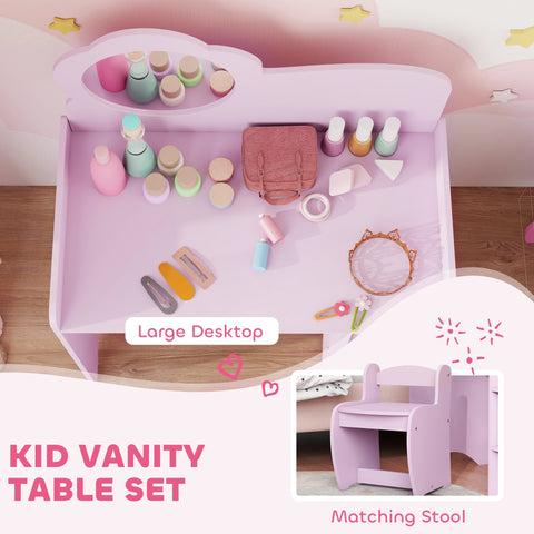 Pastel pink aiyaplay kids dressing table with cloud mirror and matching stool featuring two open compartments
