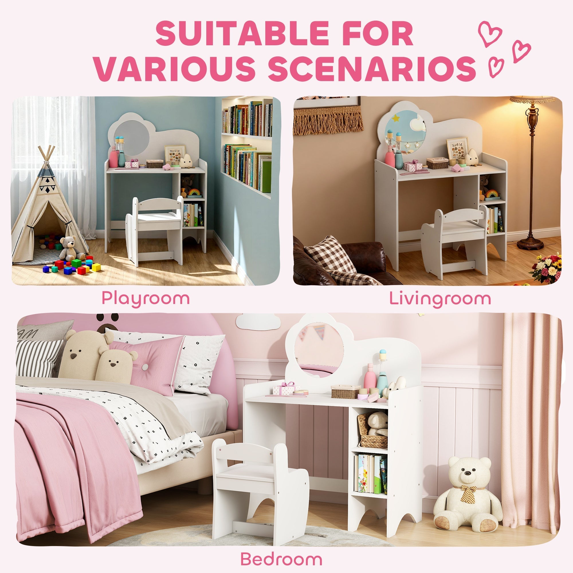 White aiyaplay kids dressing table with cloud mirror, stool, and two open compartments for kids ages 3-8 years
