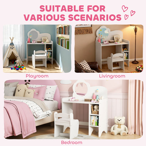White aiyaplay kids dressing table with cloud mirror, stool, and two open compartments for kids ages 3-8 years