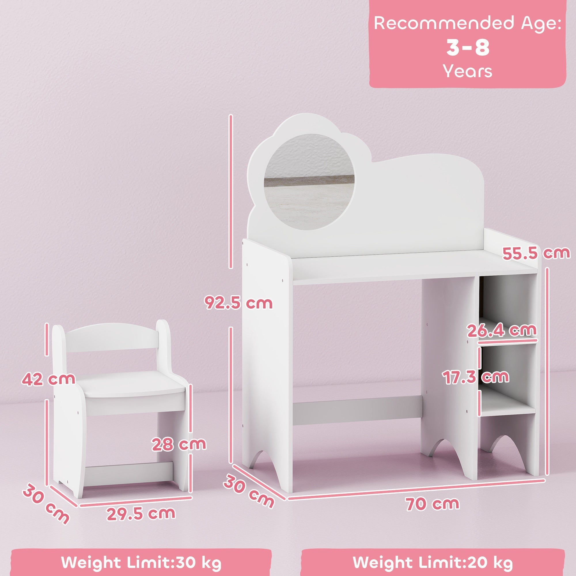 White wooden aiyaplay kids dressing table with cloud mirror and two open compartments for ages 3-8 years