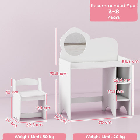 White wooden aiyaplay kids dressing table with cloud mirror and two open compartments for ages 3-8 years