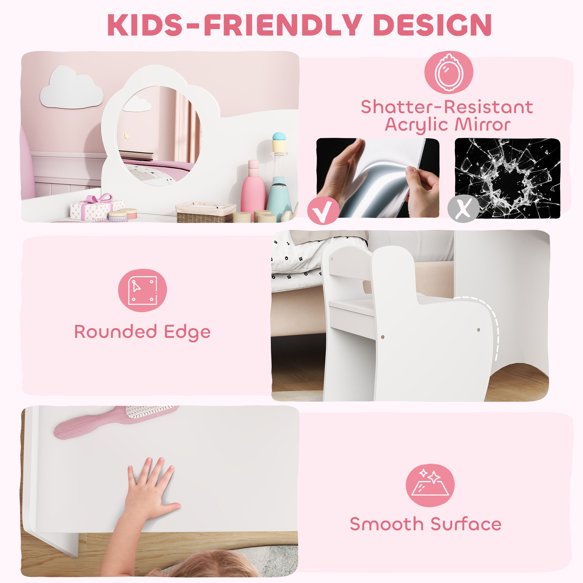 White aiyaplay kids dressing table with cloud mirror, rounded edges, and two open compartments for ages 3-8 years